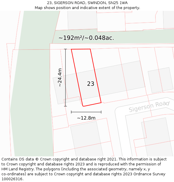 23, SIGERSON ROAD, SWINDON, SN25 1WA: Plot and title map