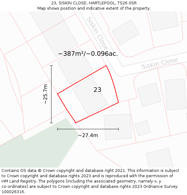 23, SISKIN CLOSE, HARTLEPOOL, TS26 0SR: Plot and title map