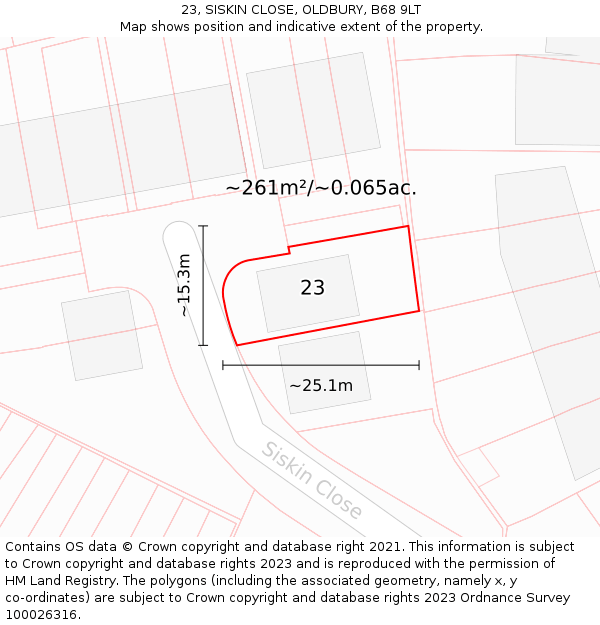23, SISKIN CLOSE, OLDBURY, B68 9LT: Plot and title map