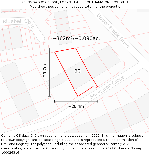 23, SNOWDROP CLOSE, LOCKS HEATH, SOUTHAMPTON, SO31 6HB: Plot and title map