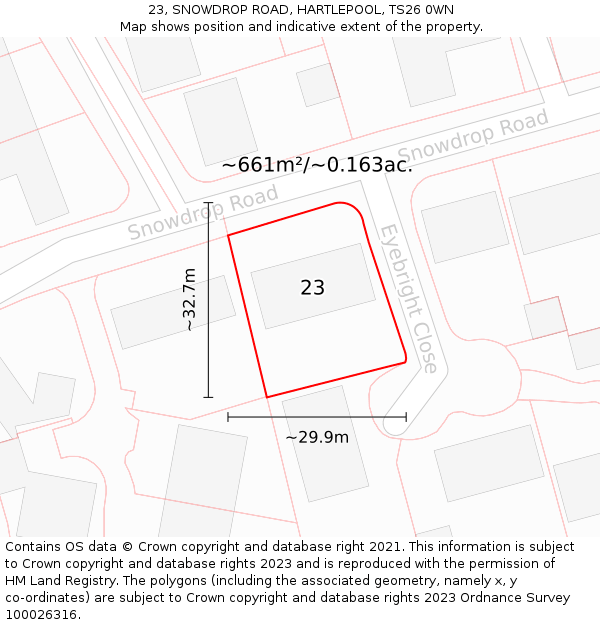 23, SNOWDROP ROAD, HARTLEPOOL, TS26 0WN: Plot and title map