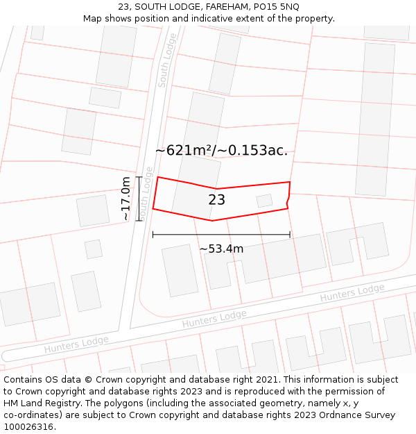 23, SOUTH LODGE, FAREHAM, PO15 5NQ: Plot and title map