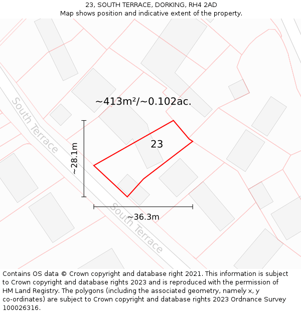 23, SOUTH TERRACE, DORKING, RH4 2AD: Plot and title map