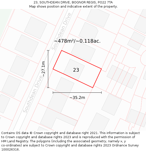 23, SOUTHDEAN DRIVE, BOGNOR REGIS, PO22 7TA: Plot and title map