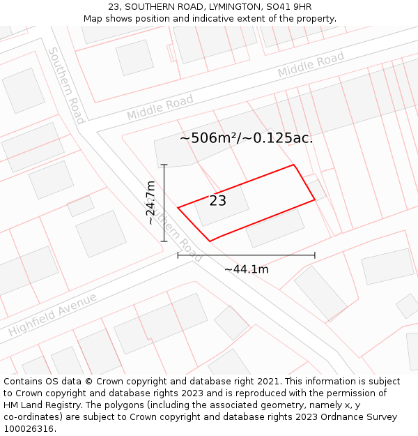 23, SOUTHERN ROAD, LYMINGTON, SO41 9HR: Plot and title map