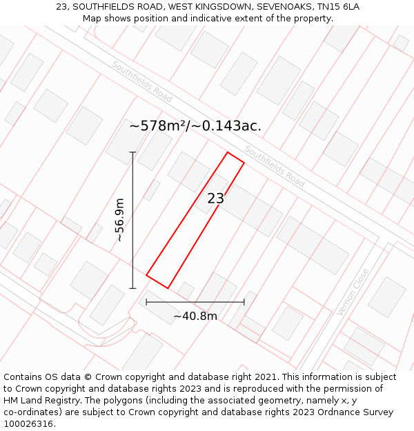 23, SOUTHFIELDS ROAD, WEST KINGSDOWN, SEVENOAKS, TN15 6LA: Plot and title map