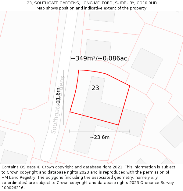 23, SOUTHGATE GARDENS, LONG MELFORD, SUDBURY, CO10 9HB: Plot and title map