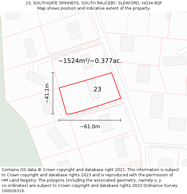 23, SOUTHGATE SPINNEYS, SOUTH RAUCEBY, SLEAFORD, NG34 8QF: Plot and title map