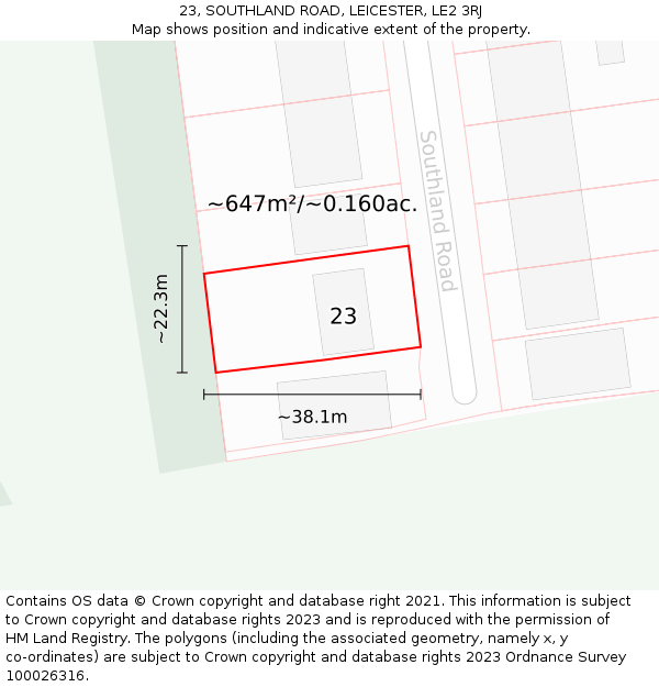 23, SOUTHLAND ROAD, LEICESTER, LE2 3RJ: Plot and title map