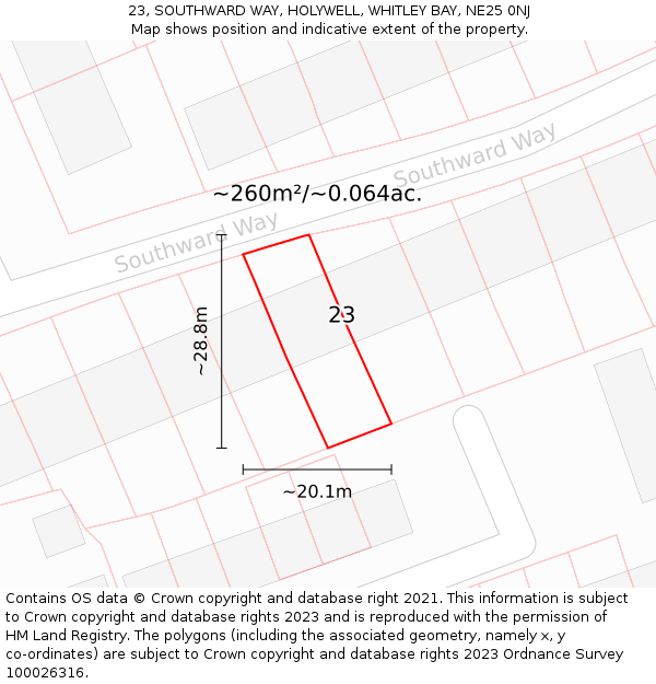 23, SOUTHWARD WAY, HOLYWELL, WHITLEY BAY, NE25 0NJ: Plot and title map