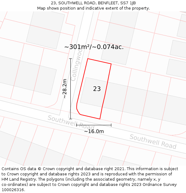 23, SOUTHWELL ROAD, BENFLEET, SS7 1JB: Plot and title map