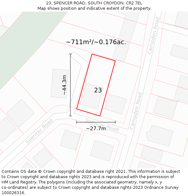23, SPENCER ROAD, SOUTH CROYDON, CR2 7EL: Plot and title map