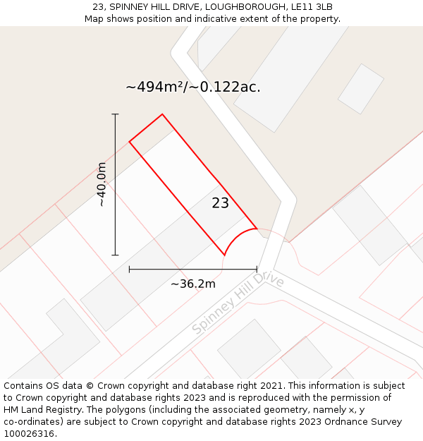 23, SPINNEY HILL DRIVE, LOUGHBOROUGH, LE11 3LB: Plot and title map