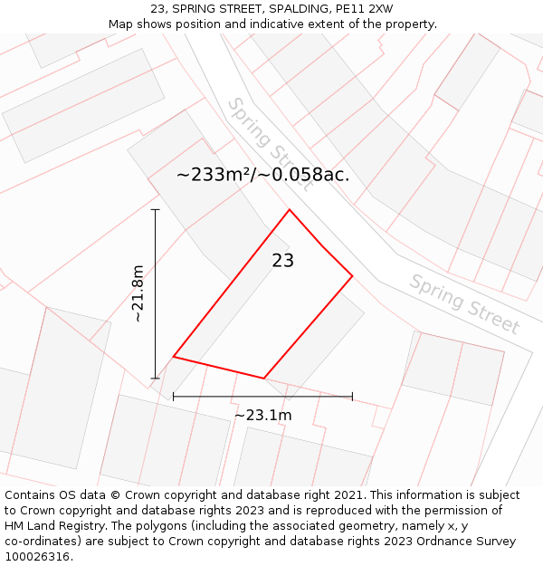 23, SPRING STREET, SPALDING, PE11 2XW: Plot and title map