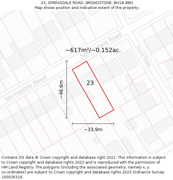 23, SPRINGDALE ROAD, BROADSTONE, BH18 9BN: Plot and title map