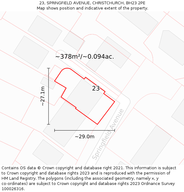 23, SPRINGFIELD AVENUE, CHRISTCHURCH, BH23 2PE: Plot and title map