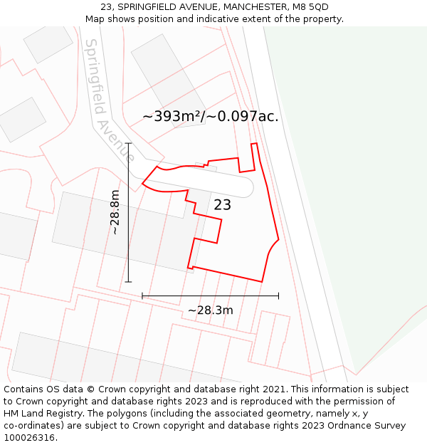 23, SPRINGFIELD AVENUE, MANCHESTER, M8 5QD: Plot and title map