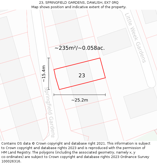 23, SPRINGFIELD GARDENS, DAWLISH, EX7 0RQ: Plot and title map