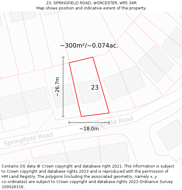 23, SPRINGFIELD ROAD, WORCESTER, WR5 3AR: Plot and title map