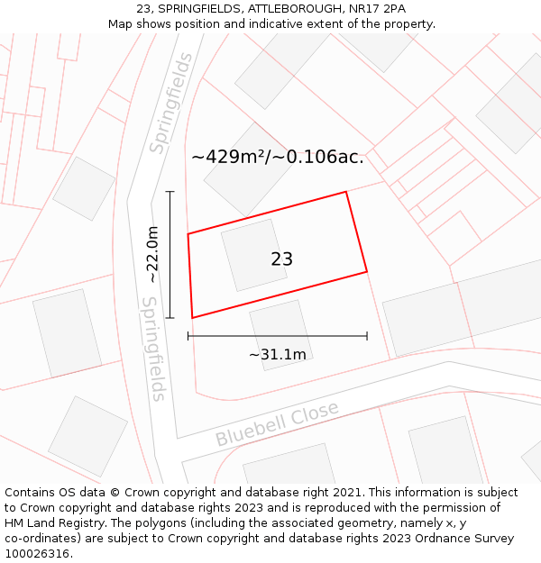 23, SPRINGFIELDS, ATTLEBOROUGH, NR17 2PA: Plot and title map