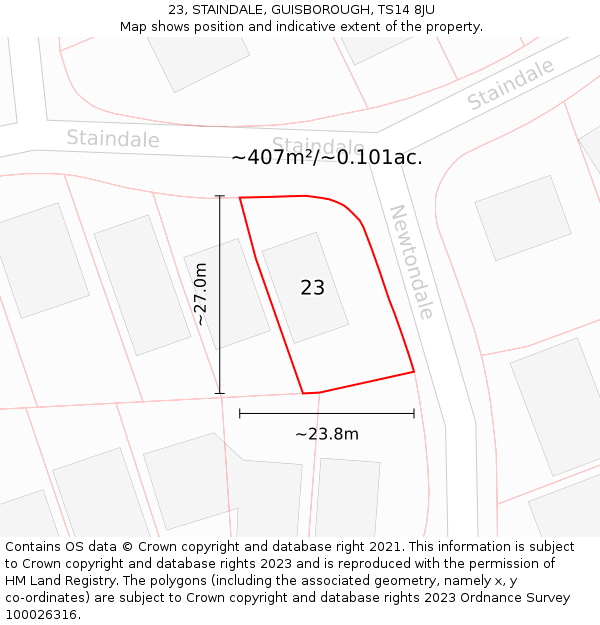 23, STAINDALE, GUISBOROUGH, TS14 8JU: Plot and title map