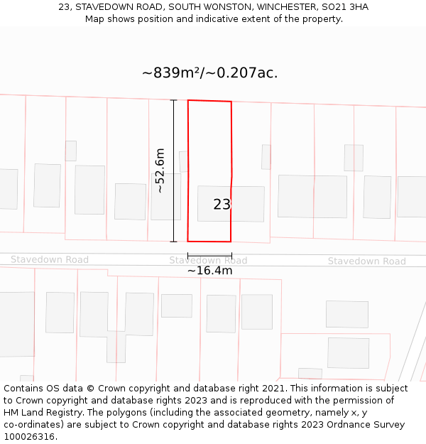 23, STAVEDOWN ROAD, SOUTH WONSTON, WINCHESTER, SO21 3HA: Plot and title map