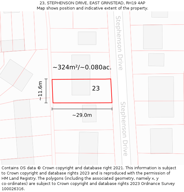 23, STEPHENSON DRIVE, EAST GRINSTEAD, RH19 4AP: Plot and title map