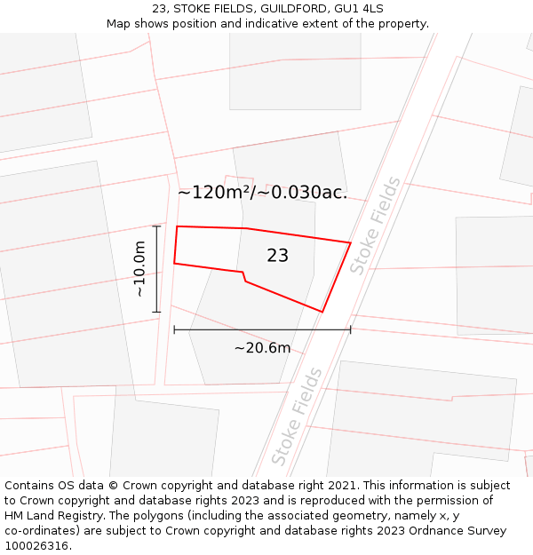 23, STOKE FIELDS, GUILDFORD, GU1 4LS: Plot and title map