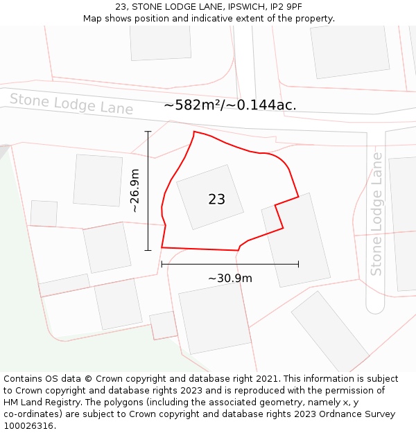 23, STONE LODGE LANE, IPSWICH, IP2 9PF: Plot and title map
