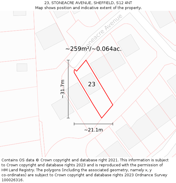 23, STONEACRE AVENUE, SHEFFIELD, S12 4NT: Plot and title map