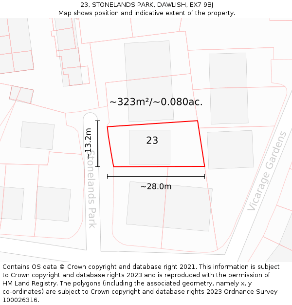 23, STONELANDS PARK, DAWLISH, EX7 9BJ: Plot and title map