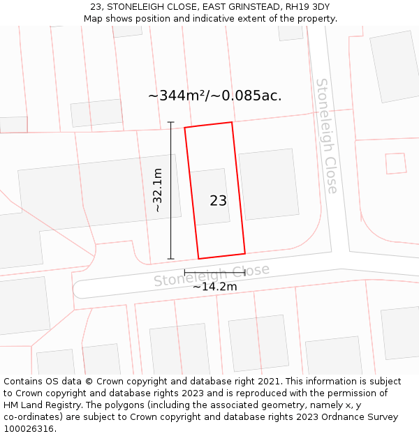 23, STONELEIGH CLOSE, EAST GRINSTEAD, RH19 3DY: Plot and title map