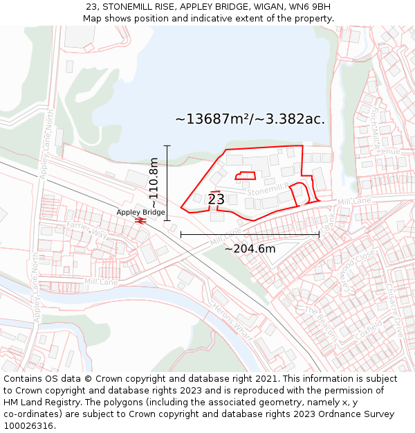 23, STONEMILL RISE, APPLEY BRIDGE, WIGAN, WN6 9BH: Plot and title map