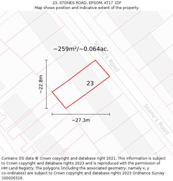 23, STONES ROAD, EPSOM, KT17 1DF: Plot and title map