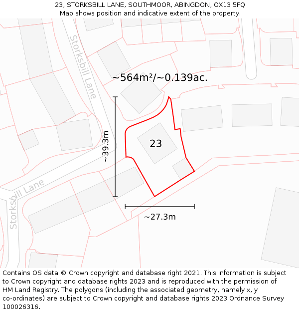 23, STORKSBILL LANE, SOUTHMOOR, ABINGDON, OX13 5FQ: Plot and title map