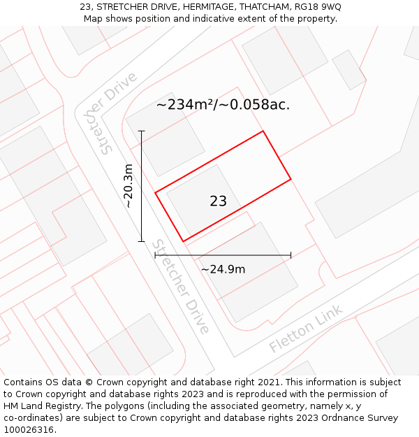 23, STRETCHER DRIVE, HERMITAGE, THATCHAM, RG18 9WQ: Plot and title map