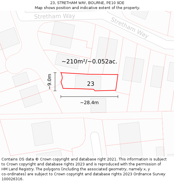 23, STRETHAM WAY, BOURNE, PE10 9DE: Plot and title map