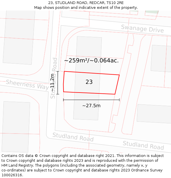 23, STUDLAND ROAD, REDCAR, TS10 2RE: Plot and title map