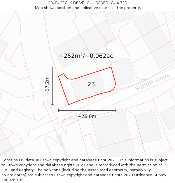 23, SUFFOLK DRIVE, GUILDFORD, GU4 7FD: Plot and title map