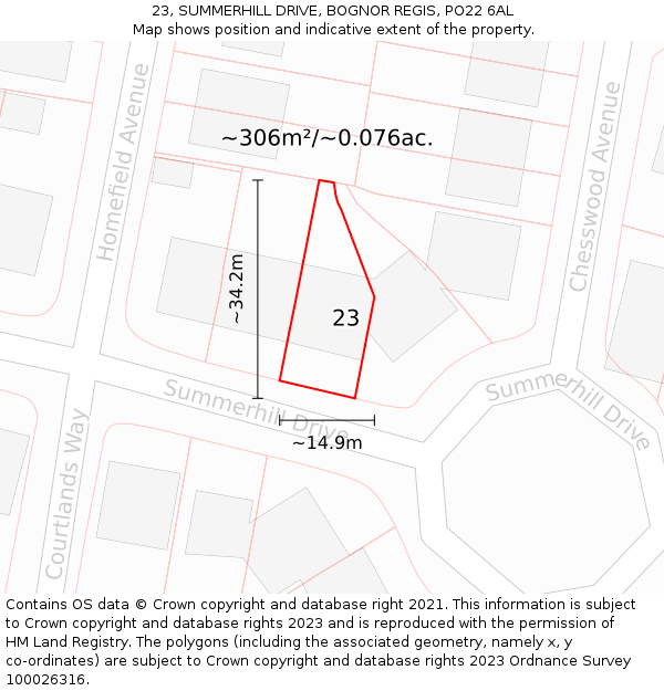 23, SUMMERHILL DRIVE, BOGNOR REGIS, PO22 6AL: Plot and title map