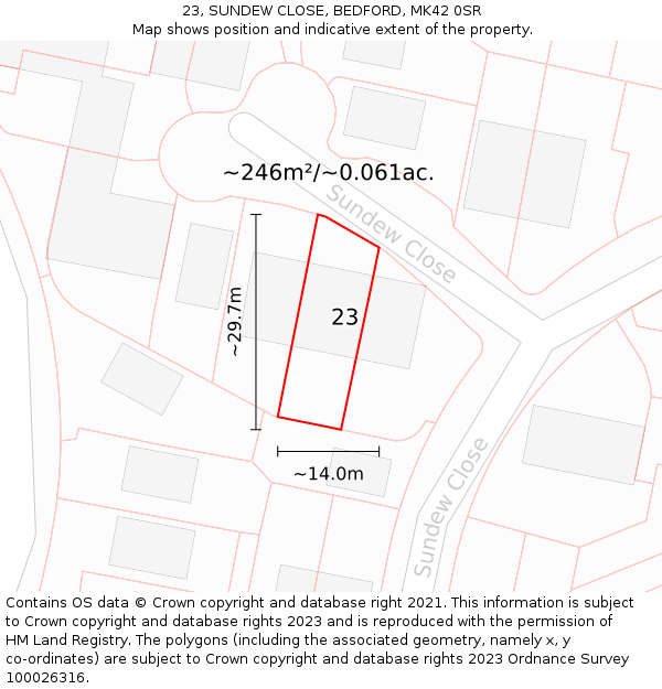 23, SUNDEW CLOSE, BEDFORD, MK42 0SR: Plot and title map