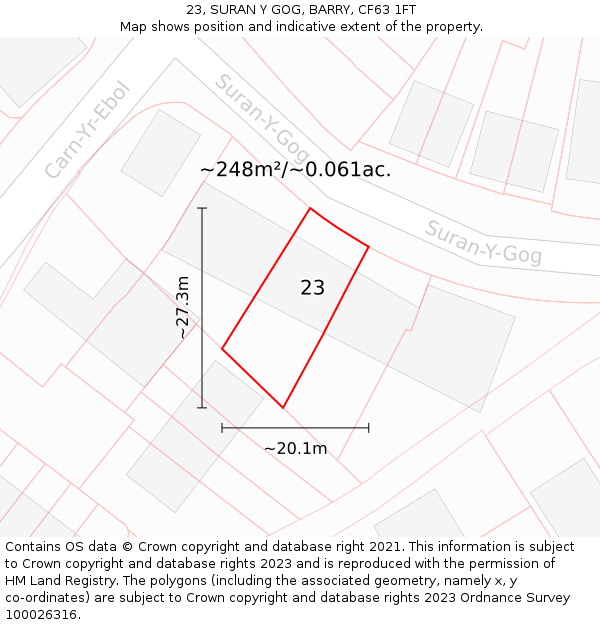 23, SURAN Y GOG, BARRY, CF63 1FT: Plot and title map