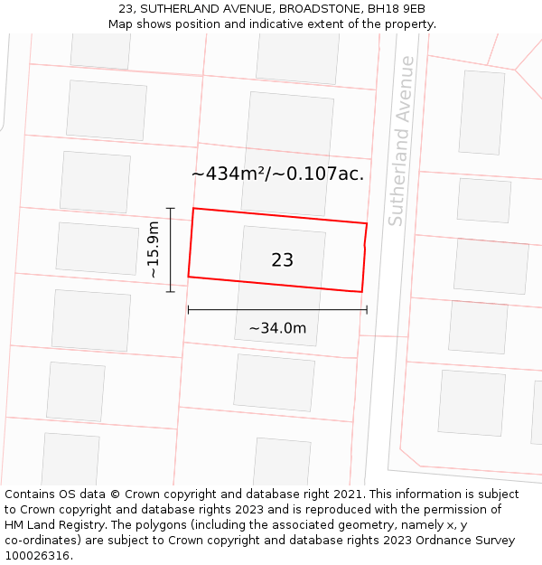 23, SUTHERLAND AVENUE, BROADSTONE, BH18 9EB: Plot and title map