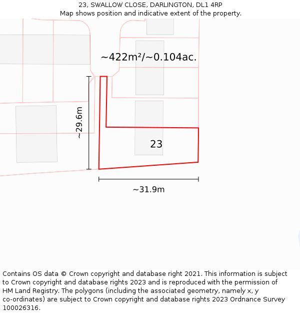 23, SWALLOW CLOSE, DARLINGTON, DL1 4RP: Plot and title map