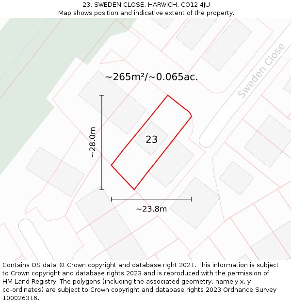 23, SWEDEN CLOSE, HARWICH, CO12 4JU: Plot and title map