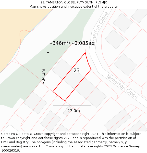 23, TAMERTON CLOSE, PLYMOUTH, PL5 4JX: Plot and title map