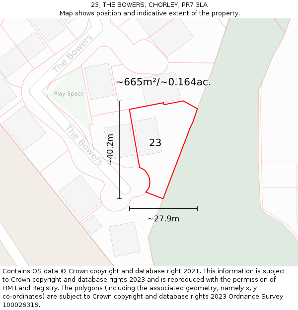 23, THE BOWERS, CHORLEY, PR7 3LA: Plot and title map