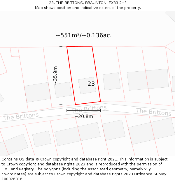 23, THE BRITTONS, BRAUNTON, EX33 2HF: Plot and title map