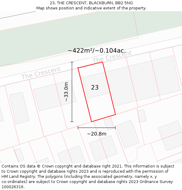 23, THE CRESCENT, BLACKBURN, BB2 5NG: Plot and title map