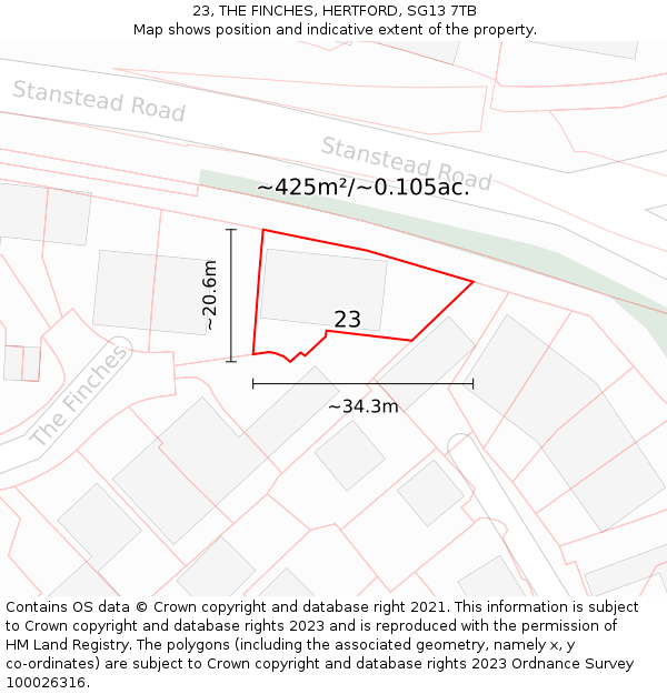 23, THE FINCHES, HERTFORD, SG13 7TB: Plot and title map